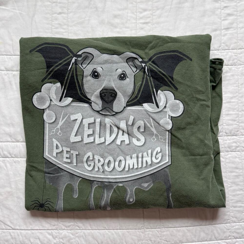 Zeldas pet grooming long sleeve graphic t shirt size L cotton Olive green dogs